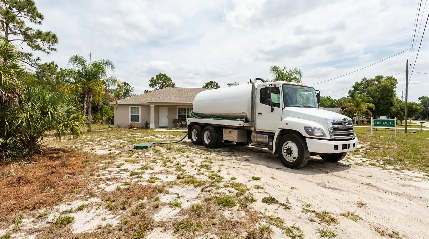 Septic service truck at a Lakeland, FL home with a sandy yard