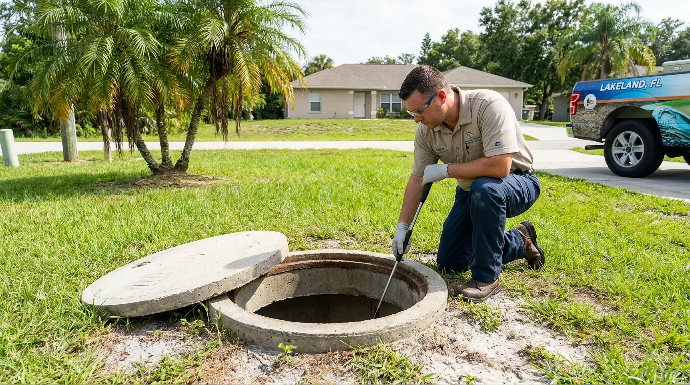 Technician inspecting an open septic tank in Lakeland, FL